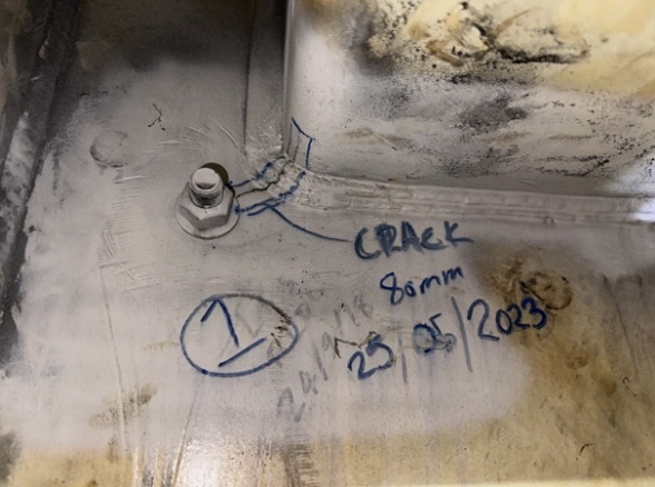 Examples of fatigue cracking identified during on-site inspection of a bulk materials handling machine as part of a Plant Integrity Review.