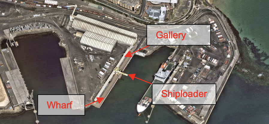 Layout of Burnie Port Berth 5 showing the shiploader, wharf structure, and conveyor gallery alignment.