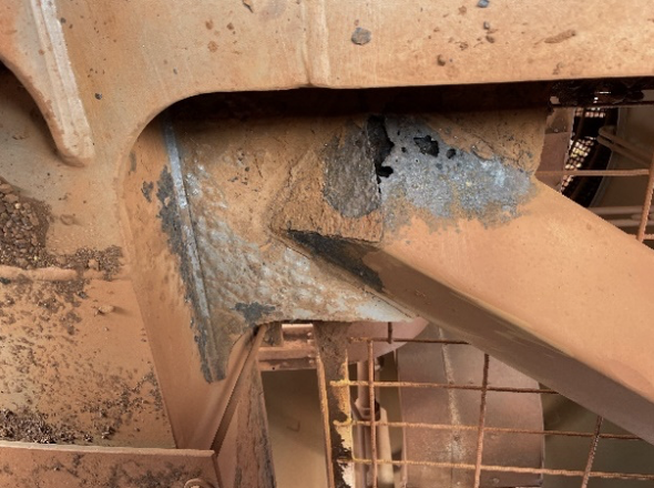 Corrosion defects observed on bulk materials handling equipment during a Plant Integrity Review inspection.