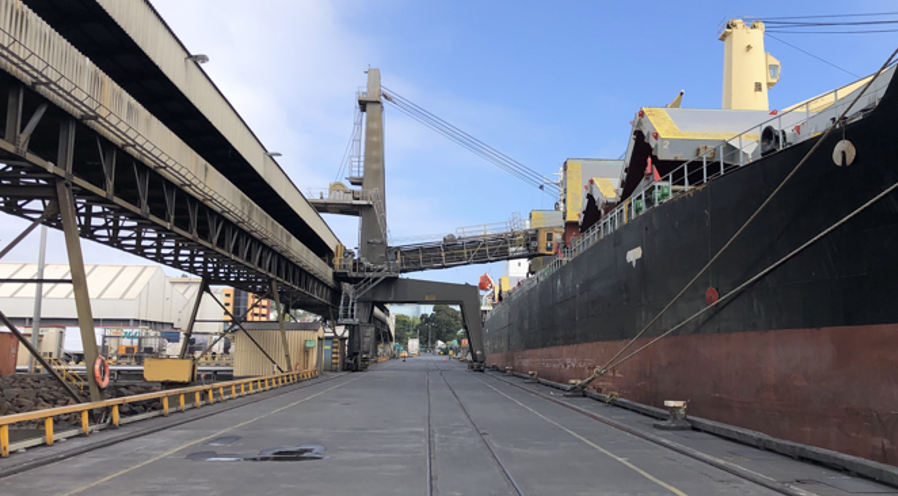 Original 1969 shiploader at Burnie Port Berth 5 prior to replacement, showing legacy bulk materials handling equipment.