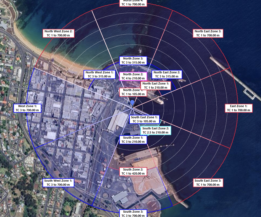 Terrain category assessment for Burnie Port using Checkwind software to evaluate site wind exposure.