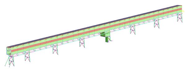 Strand7 structural analysis model of the wharf conveyor gallery used for proof engineering checks.