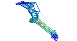 Finite element analysis model of a bulk materials handling machine structure showing stress distribution under applied loads.