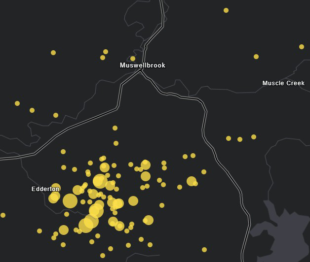 Map of earthquake activity near Muswellbrook showing events over magnitude 2 recorded over the past 20 years.