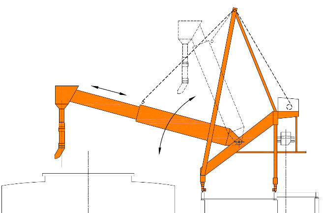Diagram of a long travelling shiploader with an extending and luffing boom for loading vessel hatches.